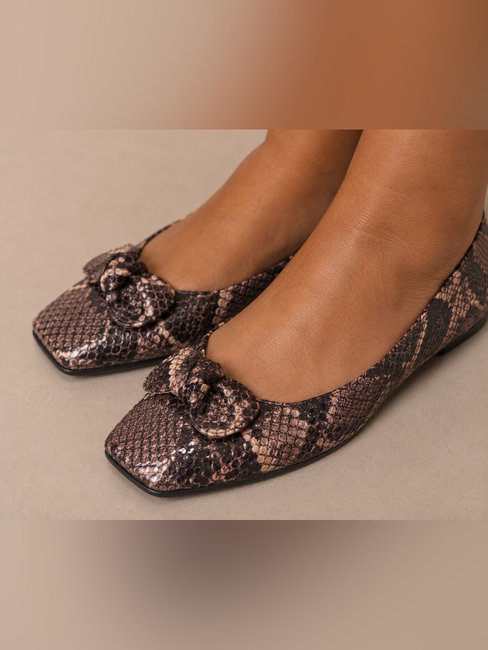 Stuart Weitzman Snakeskin Leather Square Toe Bow Ballet Flats Gray Tan Size 9